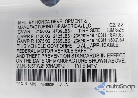 2022 Honda Cr-V Awd Ex-L from USA, damaged, VIN 5J6RW2H83NA007211